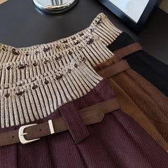 Patchwork Corduroy Pleated Mini Skirt with Belt