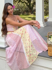 Pink And Yellow Floral Patchwork Cami Crop Top And Maxi Skirt Set