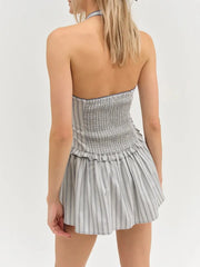 Grey Striped Halter Neck Patchwork Bow Mini Dress