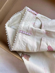 White Denim With Pink Lace Trim Teddy Embroidery Patchwork Jeans