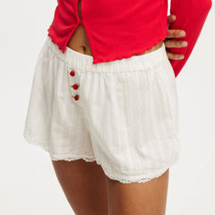 Lace Trim Plaid/Stripe Elastic Short Pants
