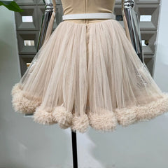 Beige Strapless Tulle Pom Pom Mini Dress