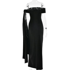 Slash Neck Off-Shoulder Ribbon Split Maxi Dress