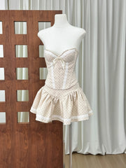 Dotted Strapless Lace Trim Corset Top And Mini Skirt Set