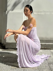 Purple 3d Flower Strapless Slit Cut Out Mesh Maxi Dress
