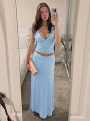 Deep V-Neck Sleeveless Ruched Top And Long Skirt Set