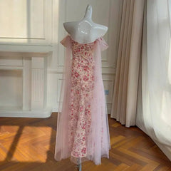 Pink Floral Off-the-Shoulder Mesh Drape Midi Dress