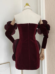 Velvet 3D Flower Strapless Mini Dress With Gloves