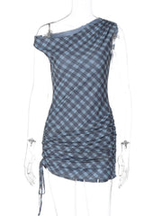 Blue Plaid Print One-Shoulder Drawstring Mini Dress