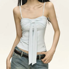 Blue Bow Ribbon Beaded Camisole Top