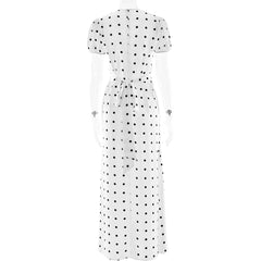 White Satin V-neck Polka Dot Maxi Dress