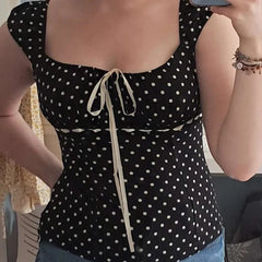 Polka Dot Short Sleeve Tie Up Top