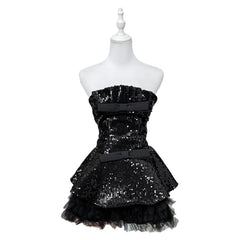 Sequin Bow Tie Tulle Hem A-line Strapless Mini Dress