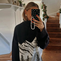 High-Necked Knitted Mountain Print Sweater