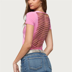 Back Cut Out Shredded Short Sleeve Crop T-Shirt