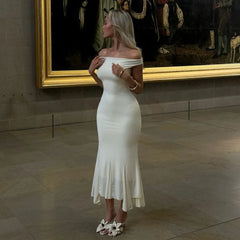 White Off-Shoulder Mesh Irregular Hem Midi Dress