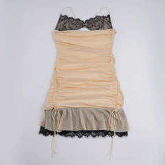 Beige Lace Mesh Patchwork Drawstring Mini Dress