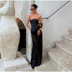 Black Lace Sheer Patchwork Tube Bodysuit Maxi Dress