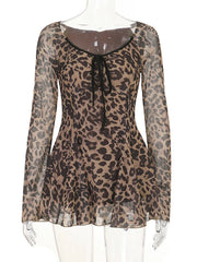 Leopard Print Tie Long Sleeve Mini Dress