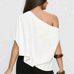 Solid Slant Collar One Shoulder Loose Top