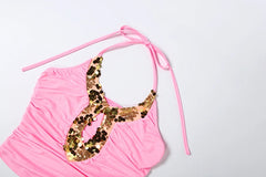 Pink Sequin Halter Tank Top And Tiered Mini Skirt Set