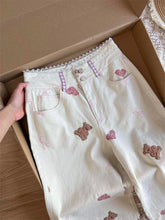 White Denim With Pink Lace Trim Teddy Embroidery Patchwork Jeans