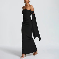 Slash Neck Off-Shoulder Ribbon Split Maxi Dress