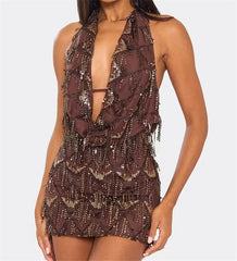 Sequin Fringe Halter Cowl Deep Neck Mini Dress