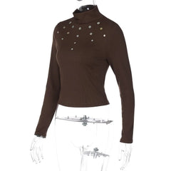 Brown Buttoned Turtleneck Long Sleeve Top
