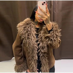Faux Fur Plush Lapel Brown Jacket
