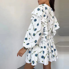 White Printed Ruffle Long Sleeve Shirt And Shorts Set