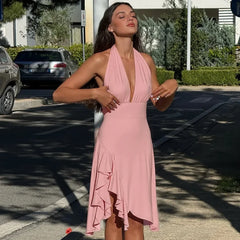 Pink Deep V Neck Halter Frill Hem Mini Dress