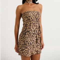 Leopard Print Strapless Mini Dress with Scarf