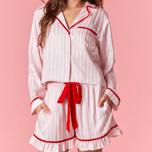 Stripe Solid Trim Long Sleeve Button Down Shirt And Ruffle Shorts Sleepwear Set