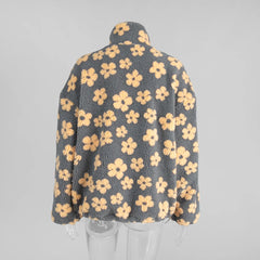 Floral Printed Zipper Teddy Jacket