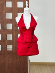 Red Satin Halter Neck Lace-up Top And Mini Bow Skirt Set