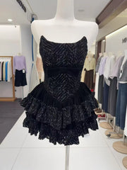 Sequin Strapless Ruffles Folds Corset Mini Dress