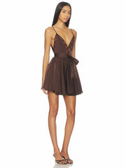 Brown Satin Spaghetti Strap Lace Patchwork Mini Dress