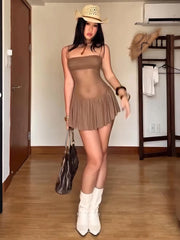 Mesh Patchwork Pleated Hem Mini Dress