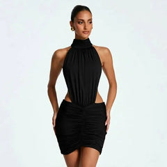 Bodycon Ruched Open-Back High-Neck Mini Dress