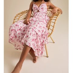 Pink Floral Spaghetti Strap Ruffles Tiered Maxi Dress