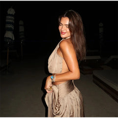 Gold Halter Open Back Crop Top And Maxi Skirt Set