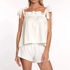 White Tie Shoulder Top And Shorts Sleepwear Set