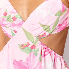 Pink V-Neck Sleeve Tie Up Floral Mini Dress