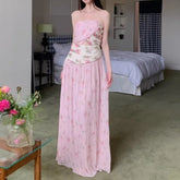 Pink Floral Pleated Slip Long Dress