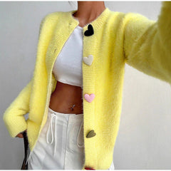 Heart Shaped Button Fuzzy Knit Cardigan