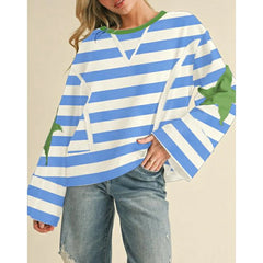 Round Neck Striped Color Star Patch Flare Long Sleeve Pullover