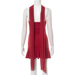Strapless Solid Scarf Collar Ruffle Mini Dress