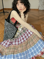 Plaid Patchwork Ruffles Maxi Skirt - Bohemian A-Line
