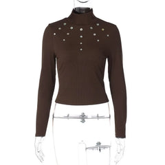 Brown Buttoned Turtleneck Long Sleeve Top